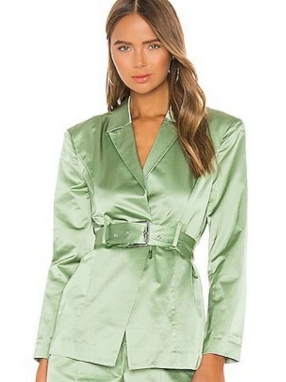 GRLFRND Alexei Satin Green Belted Oversized Blazer XS